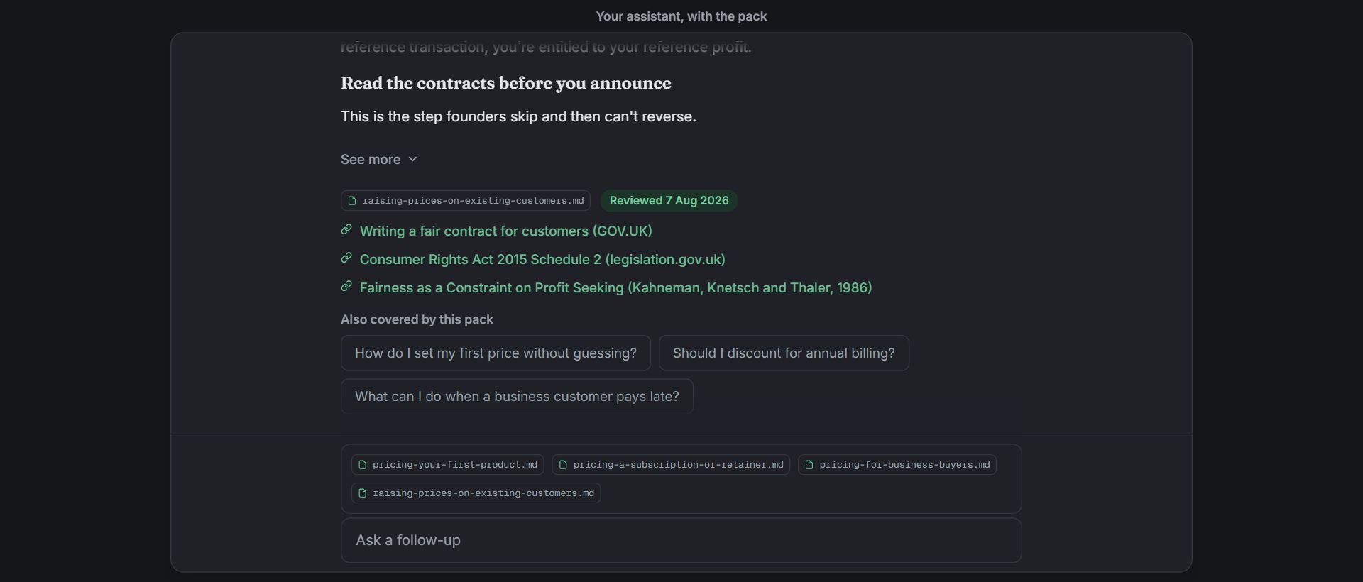 The same question, how to raise prices on existing customers, answered by an assistant on its own and by one holding the UK Pricing and Selling pack. The briefed answer carries three sources and the date it was last reviewed; the other carries none.