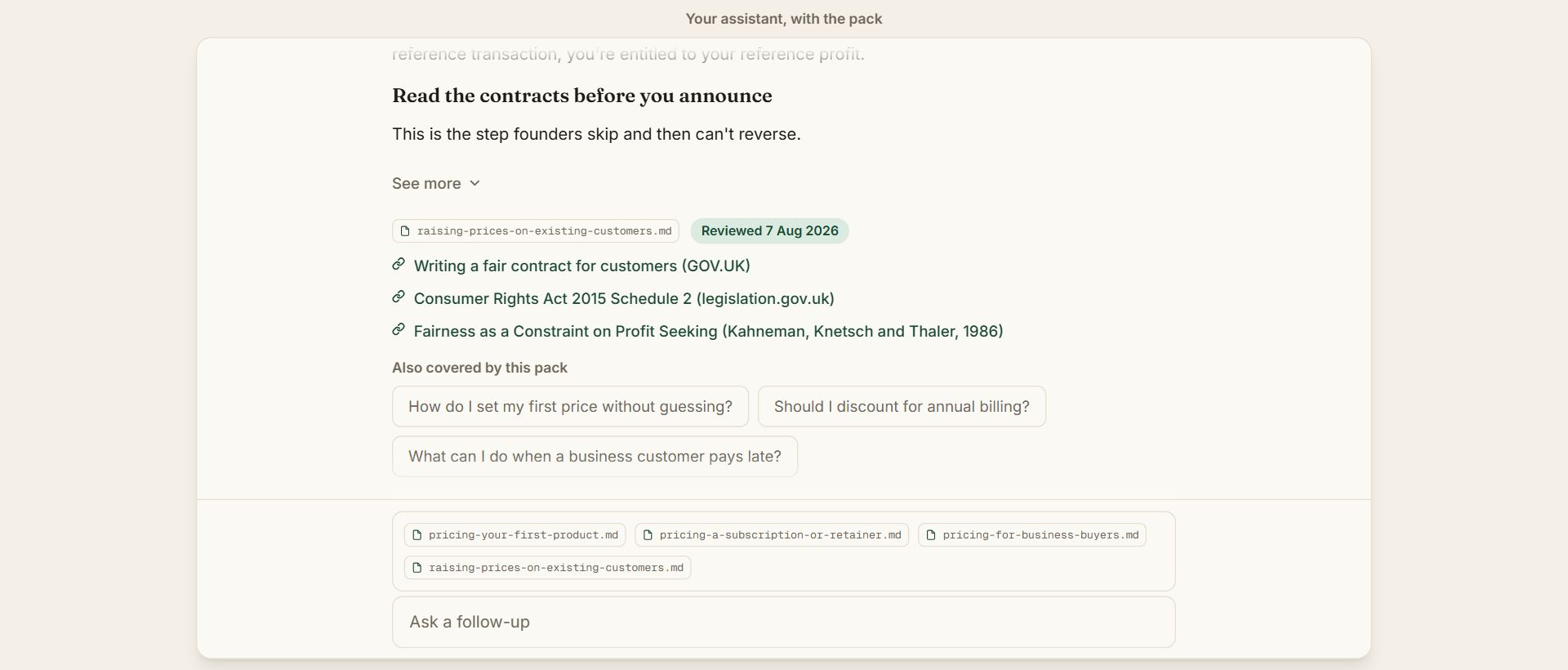 The same question, how to raise prices on existing customers, answered by an assistant on its own and by one holding the UK Pricing and Selling pack. The briefed answer carries three sources and the date it was last reviewed; the other carries none.